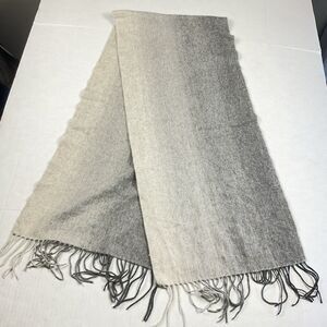 Qi Cashmere Ombré Neck Scarf Cozy Soft Warm Neutral Fringe Wrap Gray Beige FLAW